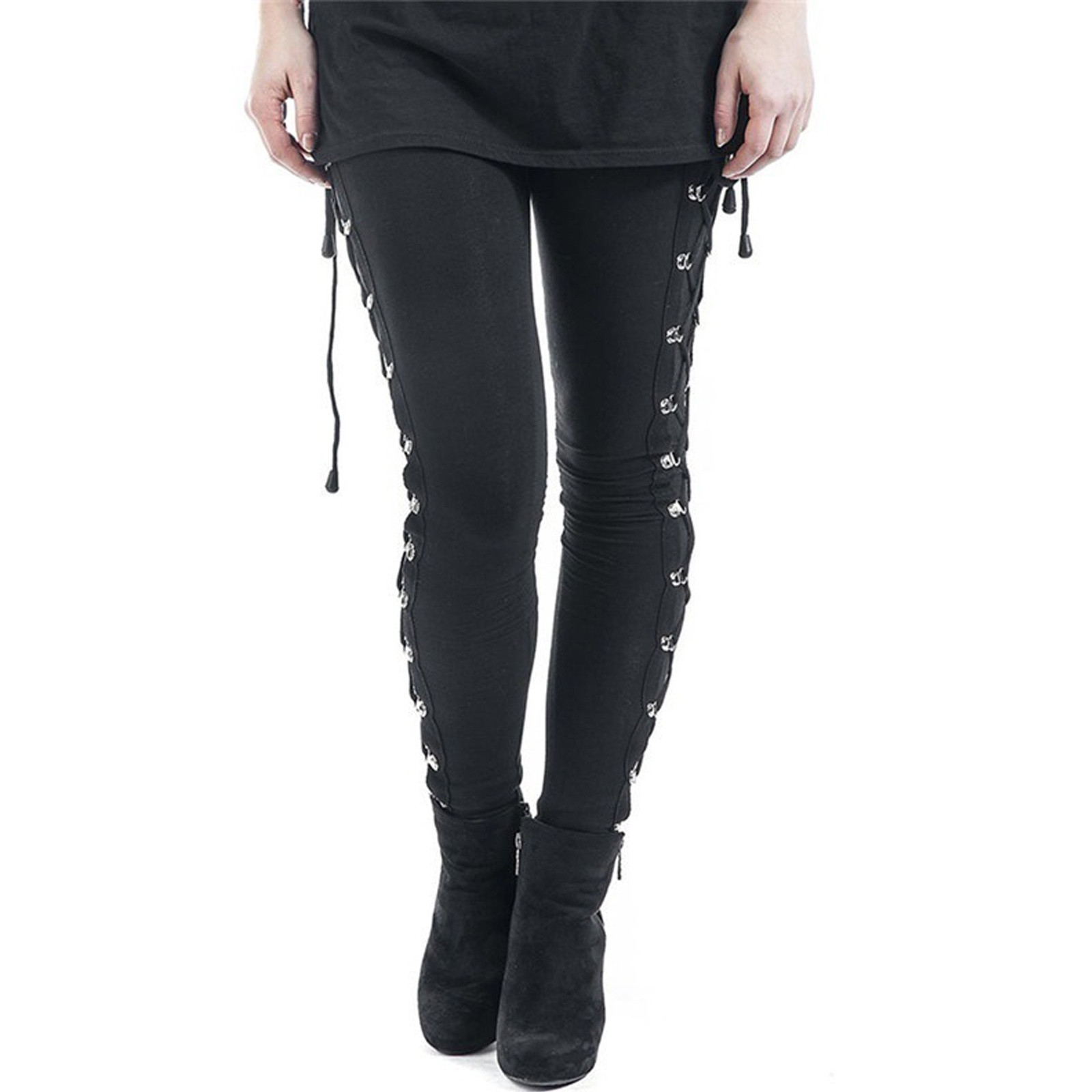 thumbnail image 2 of Pantalones de cintura alta con cordones punk de color liso para mujer, leggings elásticos que realzan las caderas, 2 of 4